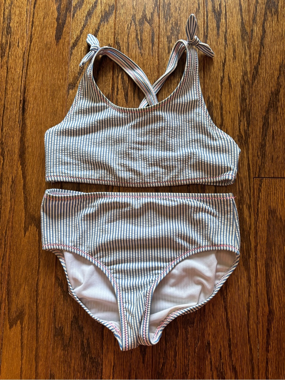Lands' End Girls Blue and White Seersucker Striped Bikini